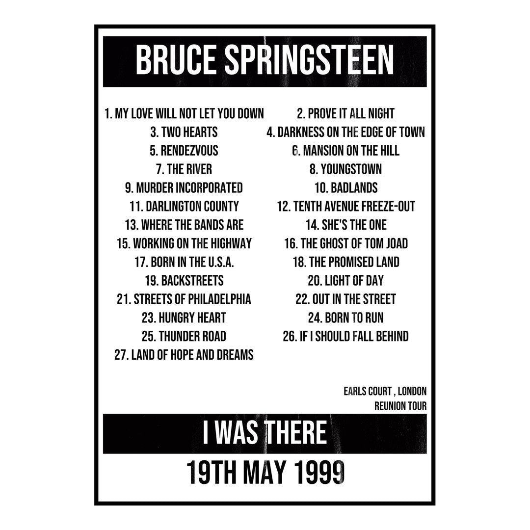 Bruce Springsteen London 19th May 1999 Setlist poster