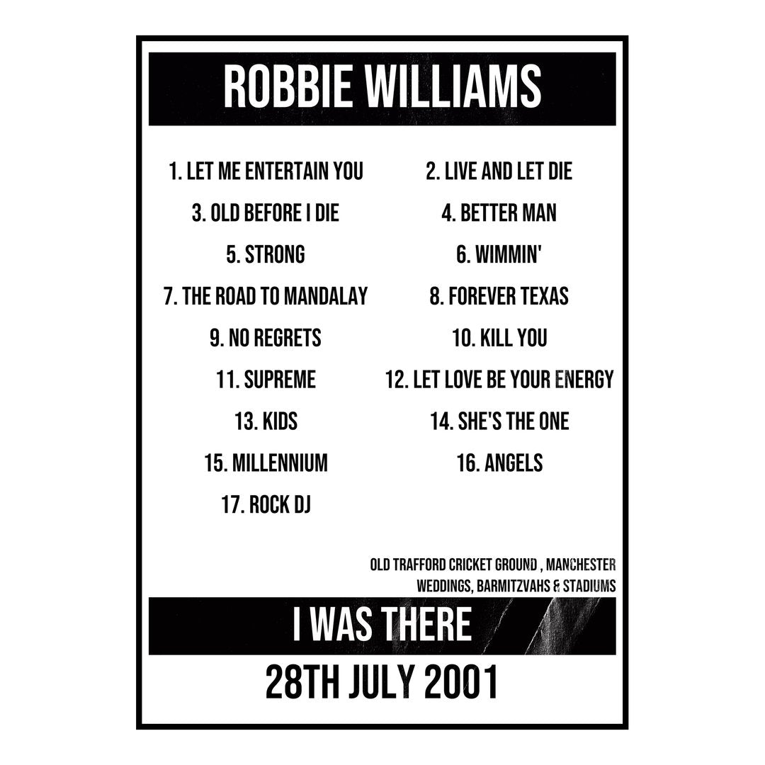 Robbie Williams Manchester 28th July 2001 Setlist poster