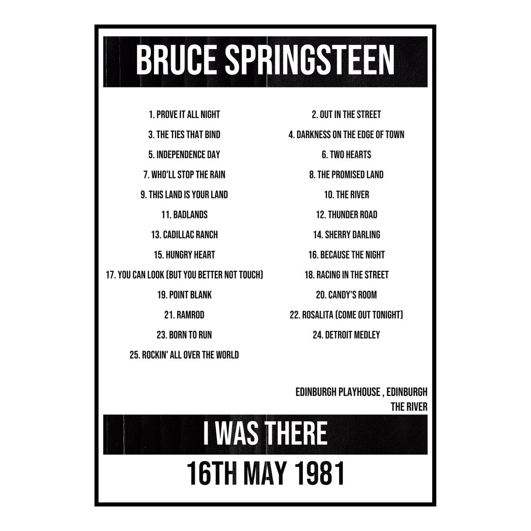 Bruce Springsteen Edinburgh 16th May 1981 Setlist poster