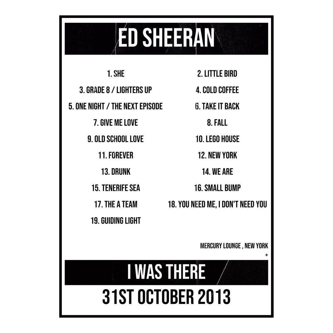 Ed Sheeran New York 31st October 2013 Setlist poster