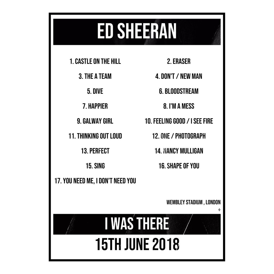 Ed Sheeran London 15th June 2018 Setlist poster