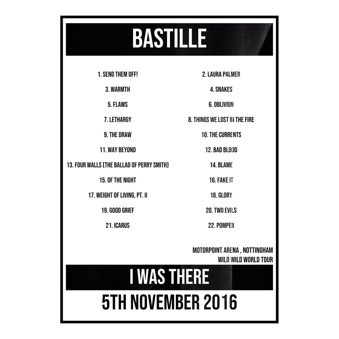Bastille Nottingham 5th November 2016 Setlist poster