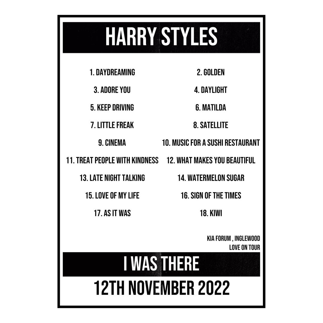 Harry Styles Inglewood 12th November 2022 Setlist poster