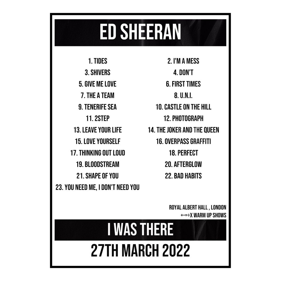 Ed Sheeran London 27th March 2022 Setlist poster