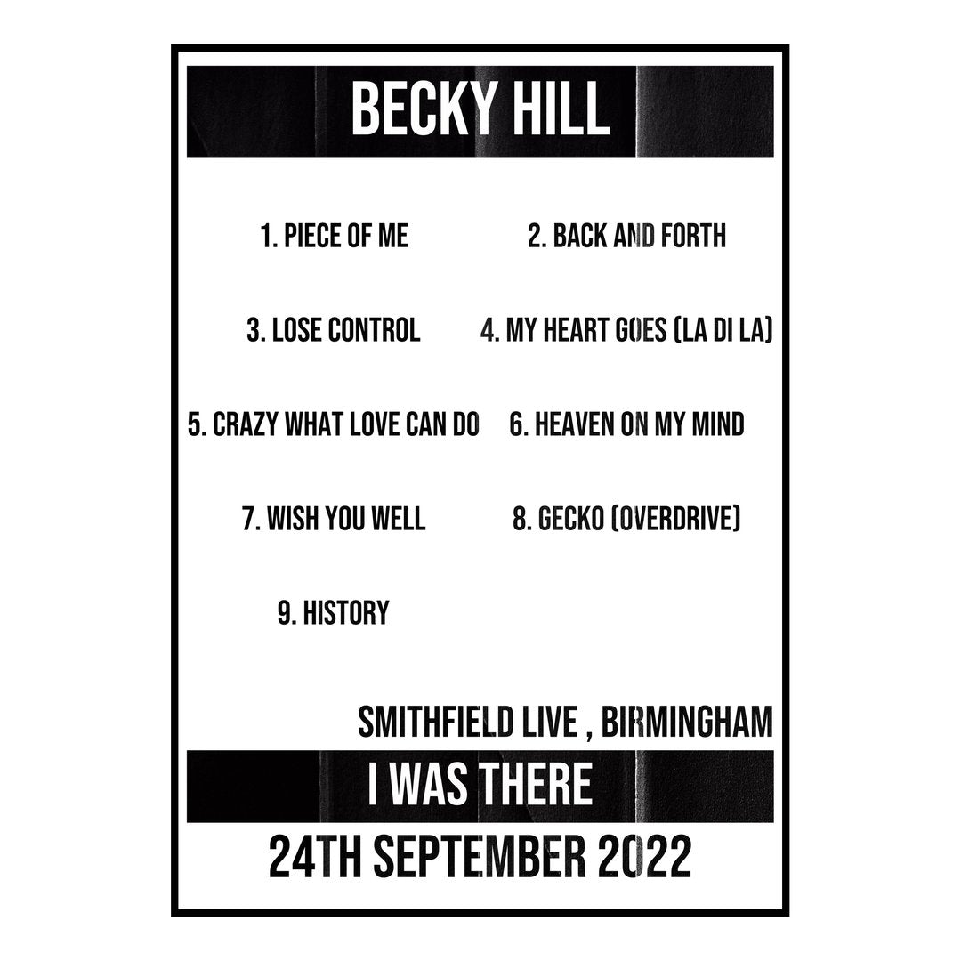 Becky Hill Birmingham 24th September 2022 Setlist poster