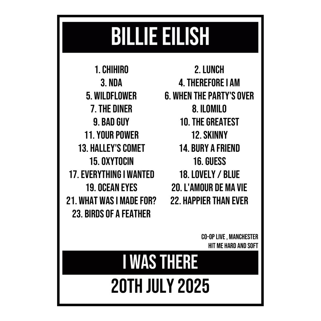 A Setlist Poster Featuring Billie Eilish Gig from Manchester in 2025