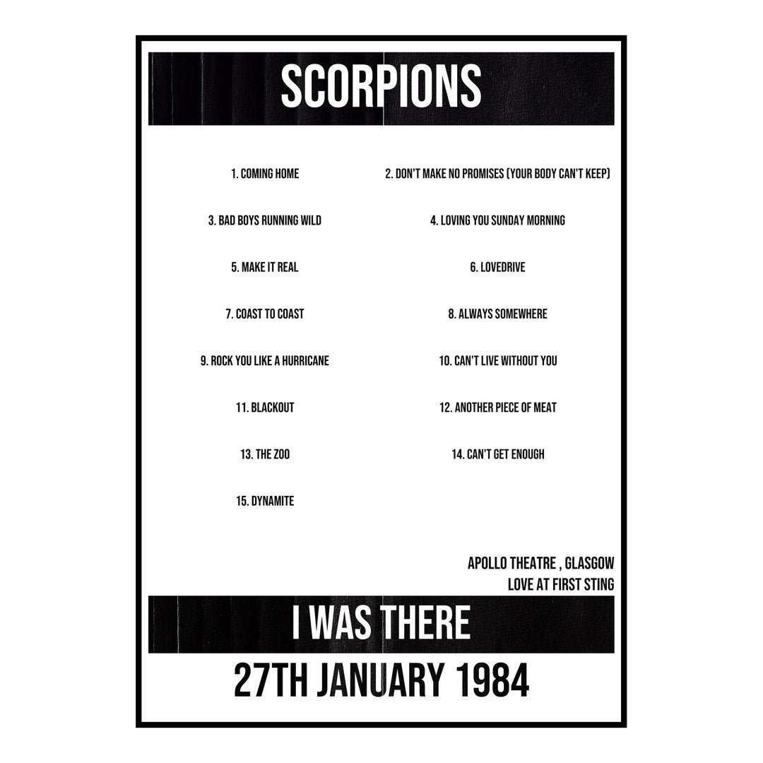 Scorpions Glasgow 27th January 1984 Setlist poster