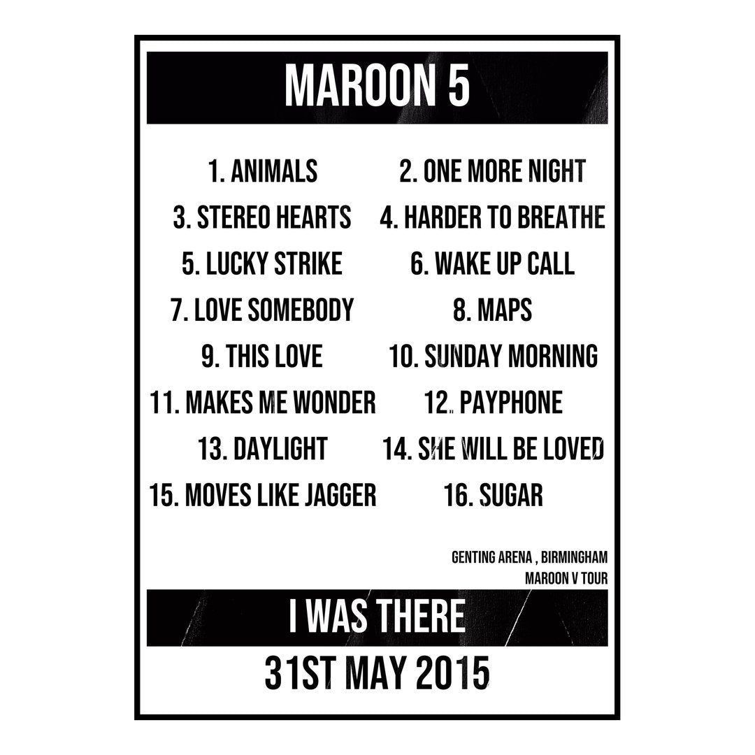 Maroon 5 Birmingham 31st May 2015 Setlist poster