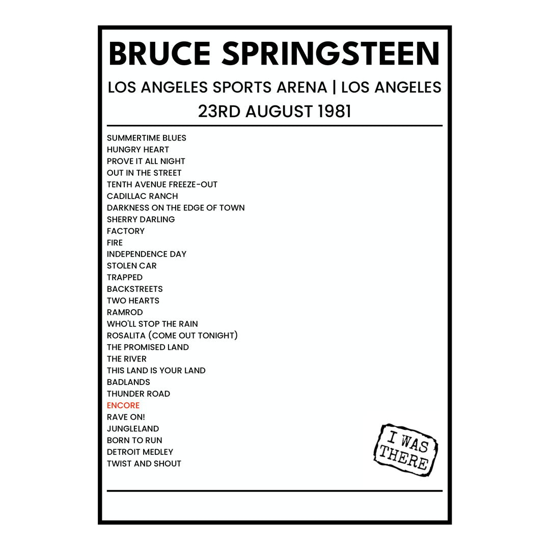 Bruce Springsteen Los Angeles 23rd August 1981 Setlist poster