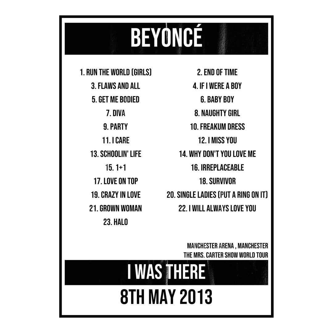 Beyoncé Manchester 8th May 2013 Setlist poster