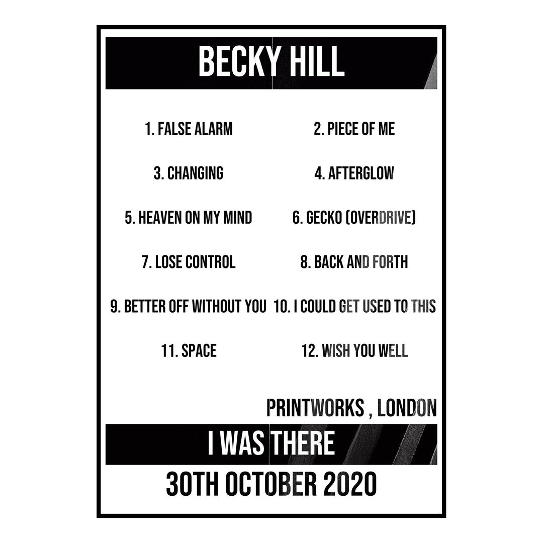 Becky Hill London 30th October 2020 Setlist poster