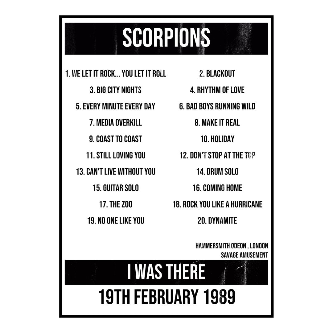 Scorpions London 19th February 1989 Setlist poster