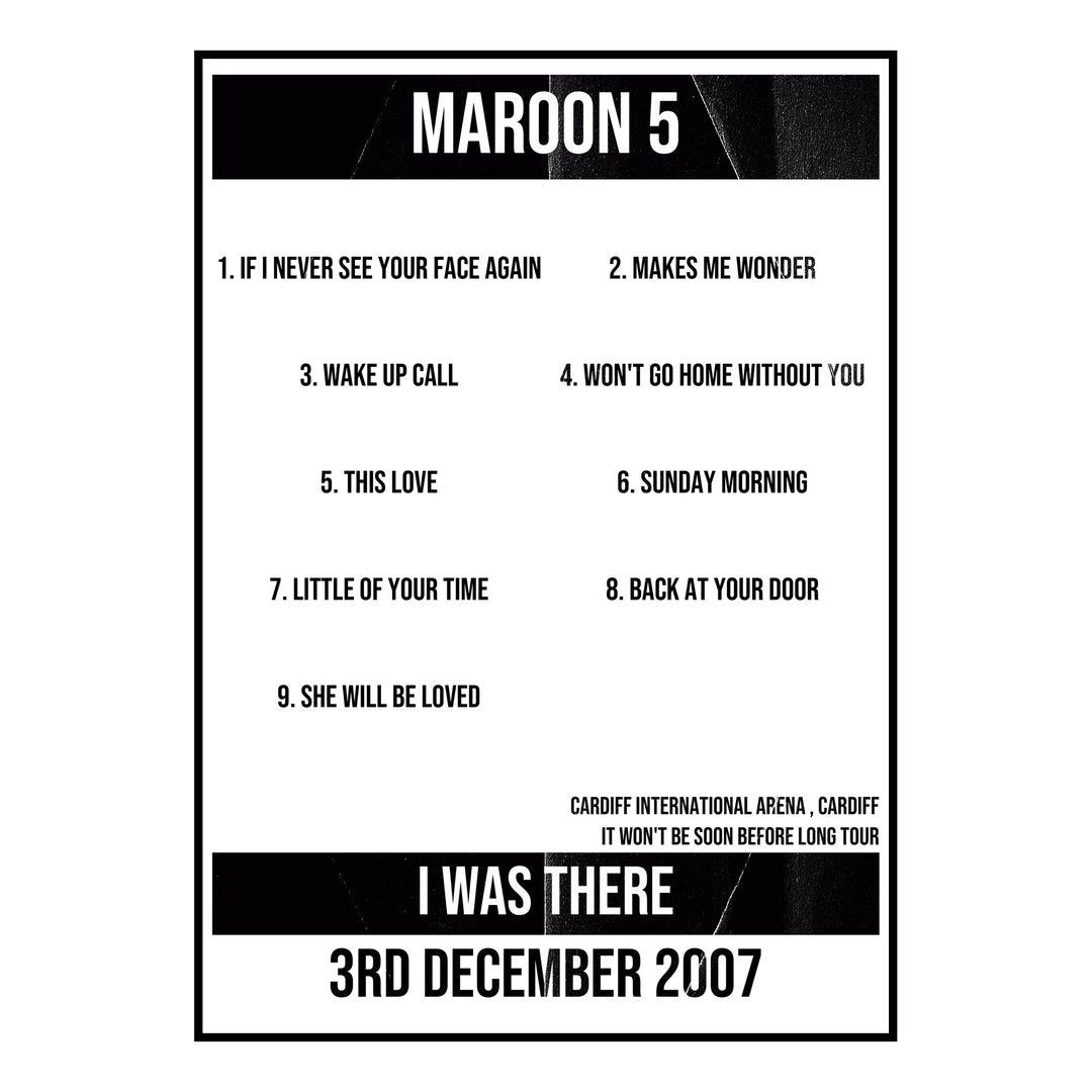 Maroon 5 Cardiff 3rd December 2007 Setlist poster