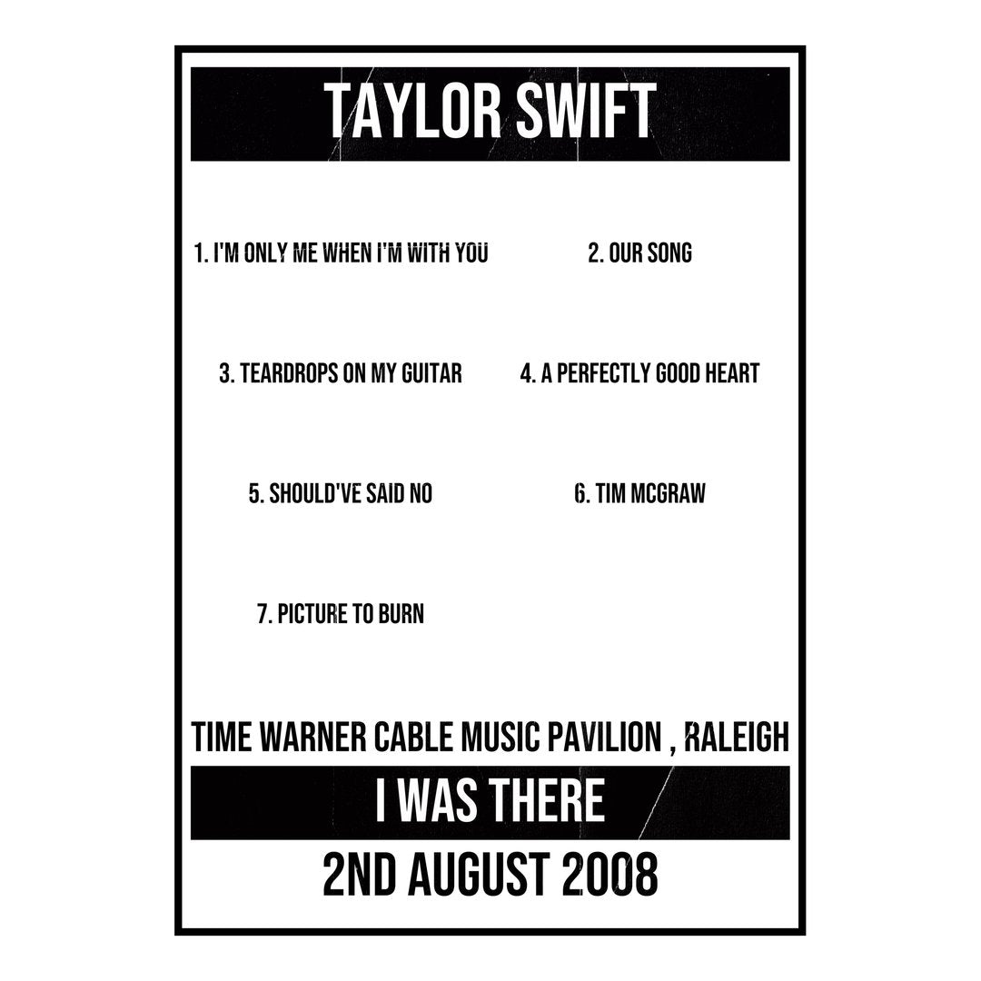 Taylor Swift Raleigh 2nd August 2008 Setlist poster