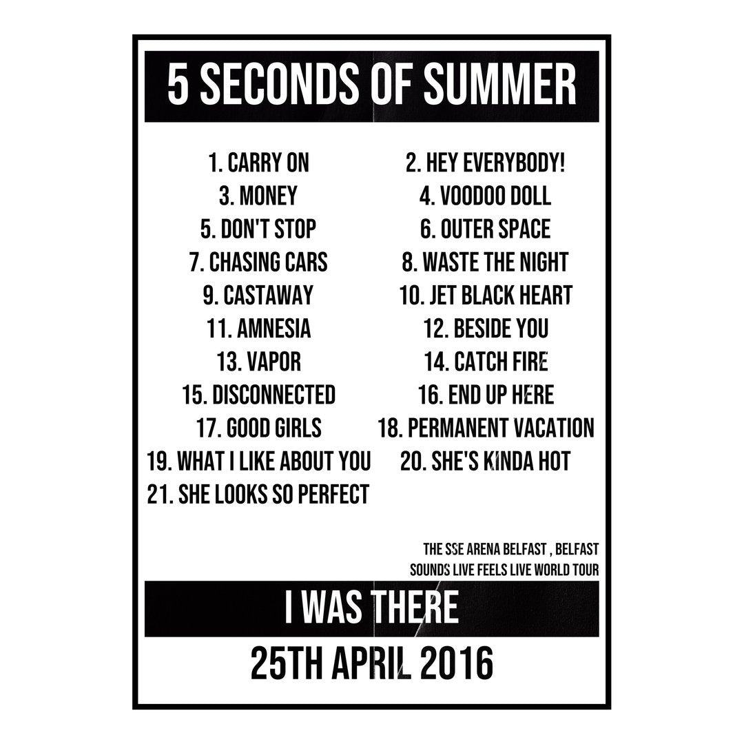 5 Seconds of Summer Belfast 25th April 2016 Setlist poster