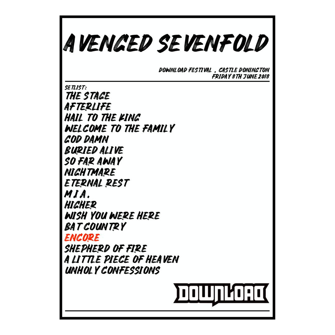 Avenged Sevenfold Castle Donington 8th June 2018 Setlist poster
