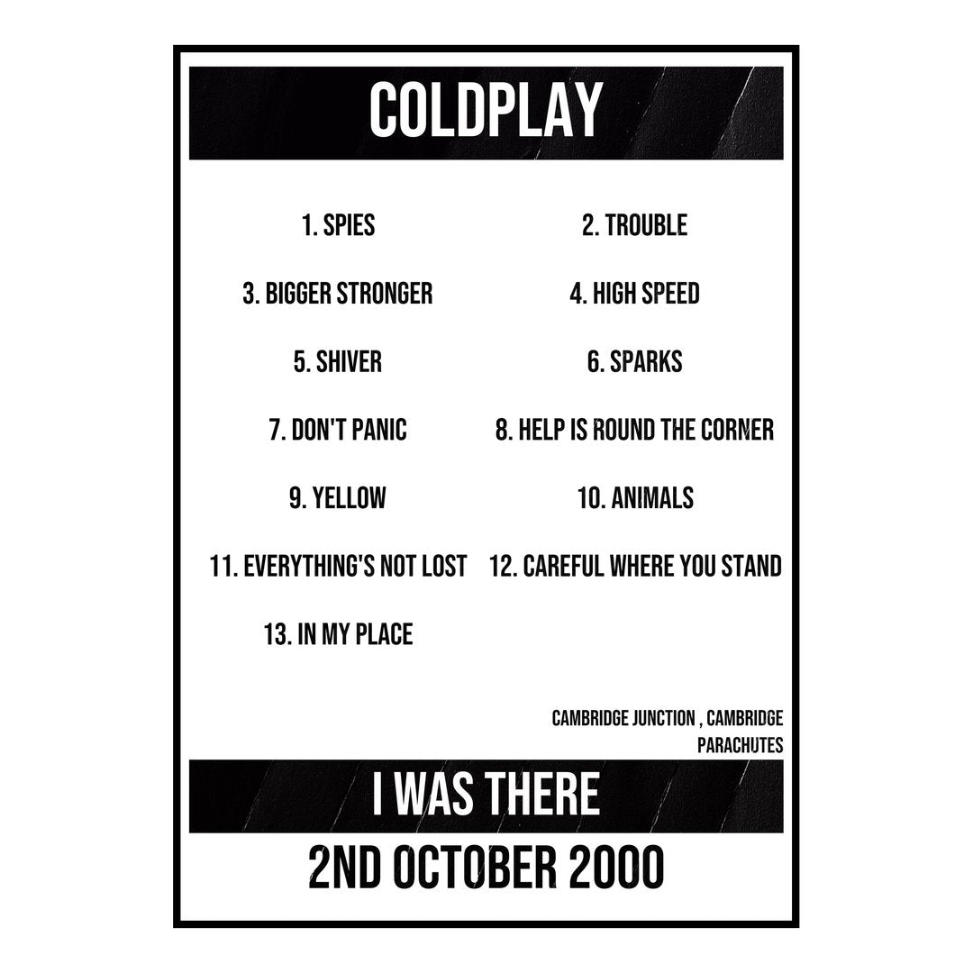 Coldplay Cambridge 2nd October 2000 Setlist poster