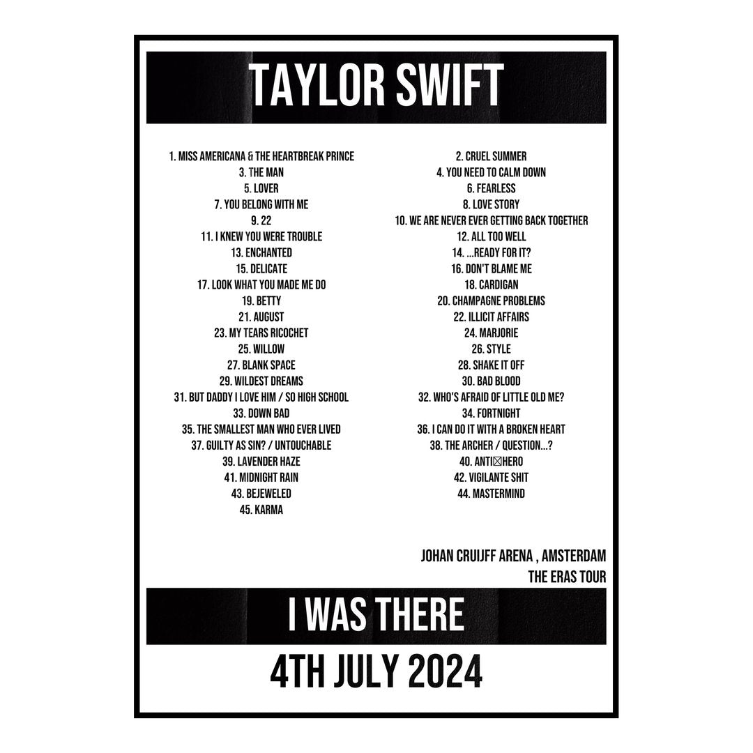 Taylor Swift Amsterdam 4th July 2024 Setlist poster