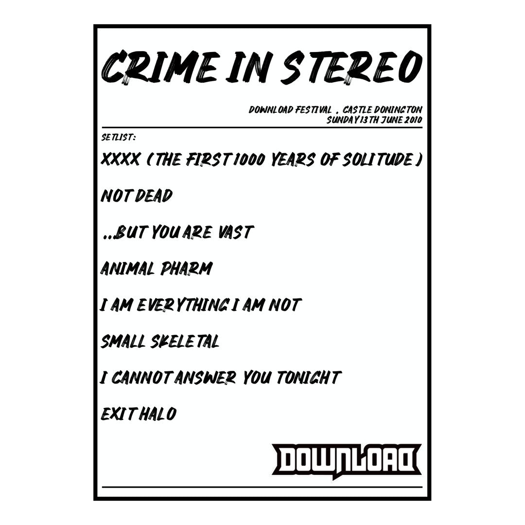 Crime in Stereo Castle Donington 13th June 2010 Setlist poster