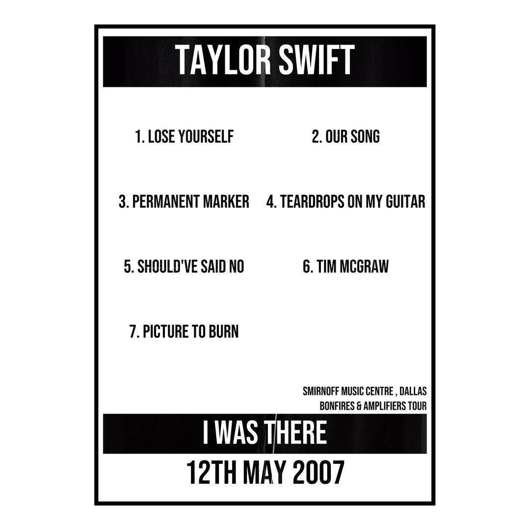 Taylor Swift Dallas 12th May 2007 Setlist poster