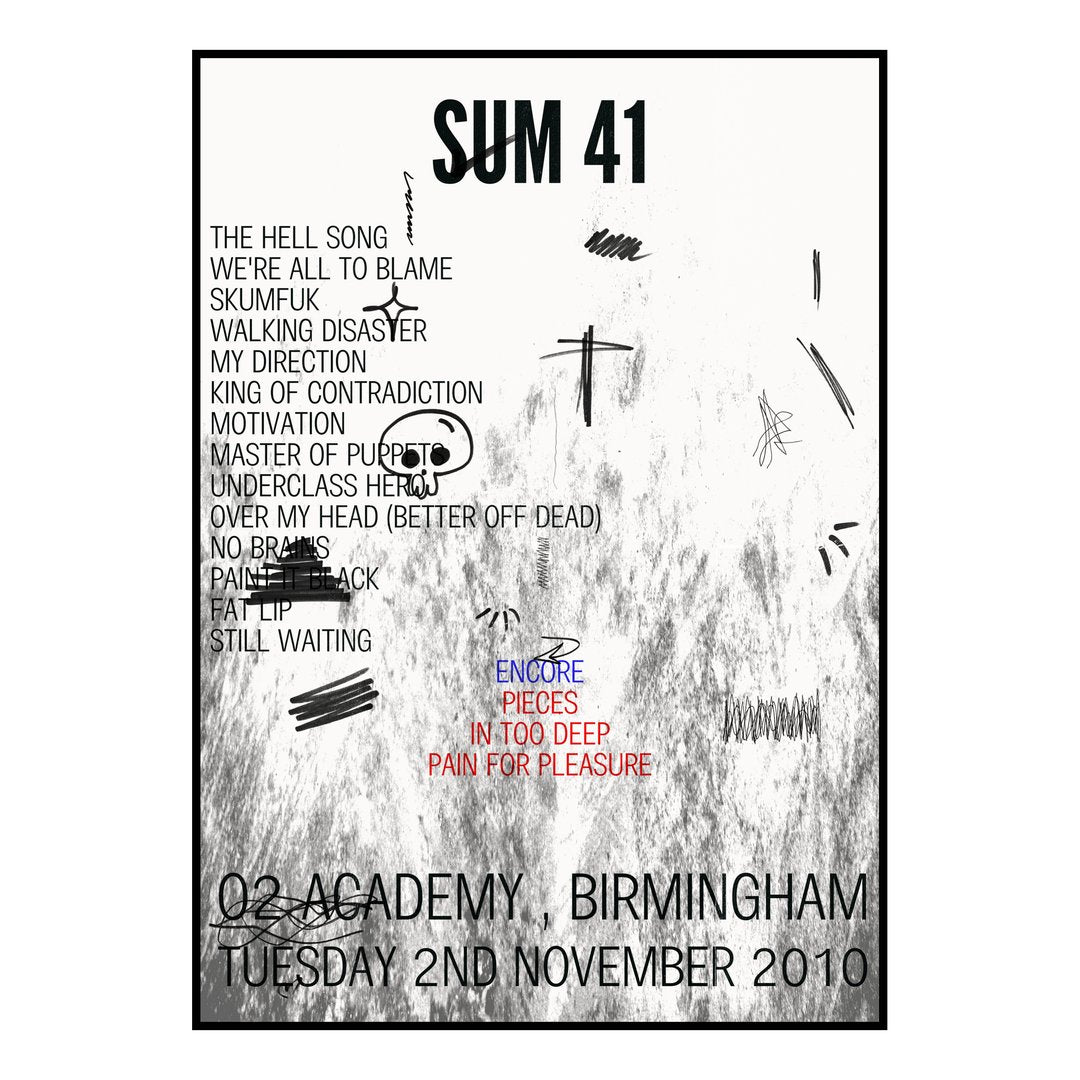Sum 41 Birmingham 2nd November 2010 Setlist poster