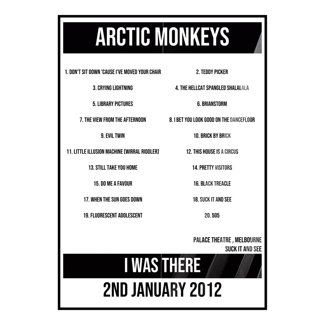 Arctic Monkeys Melbourne 2nd January 2012 Setlist poster