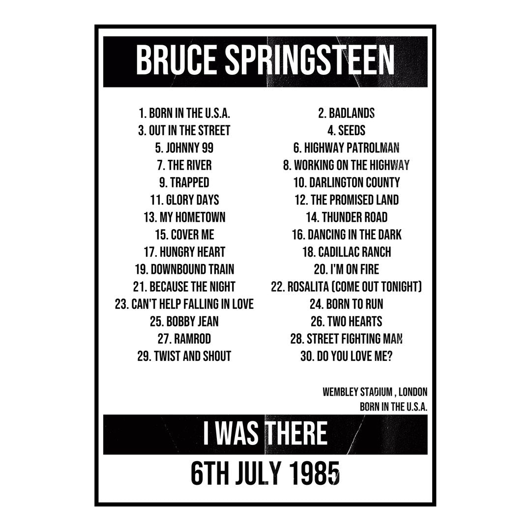 Bruce Springsteen London 6th July 1985 Setlist poster