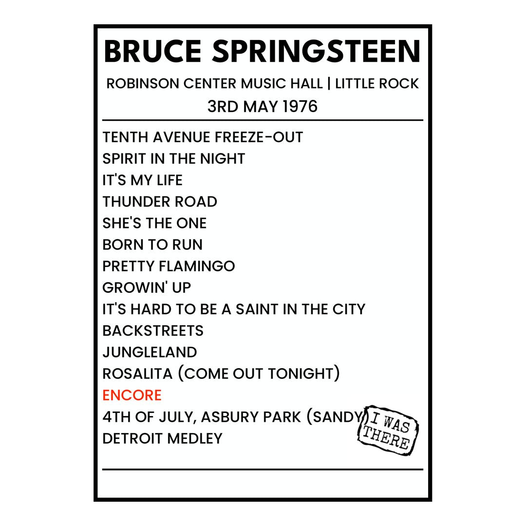Bruce Springsteen Little Rock 3rd May 1976 Setlist poster