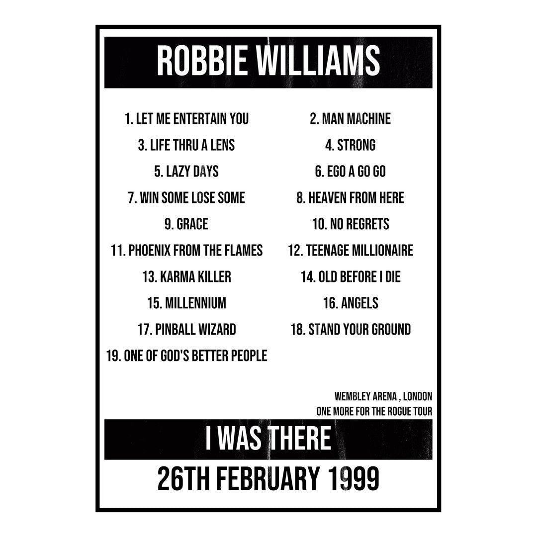 Robbie Williams London 26th February 1999 Setlist poster