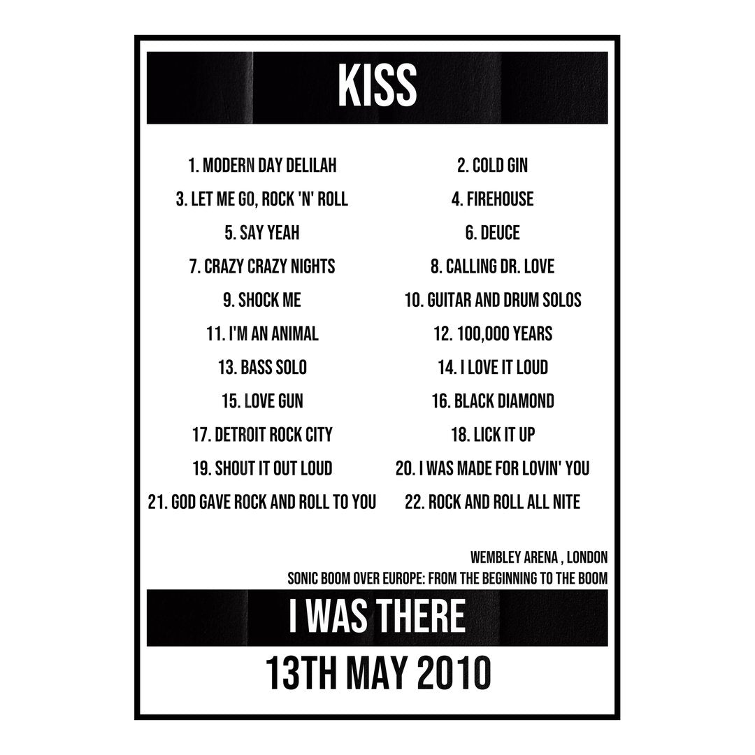 KISS London 13th May 2010 Setlist poster
