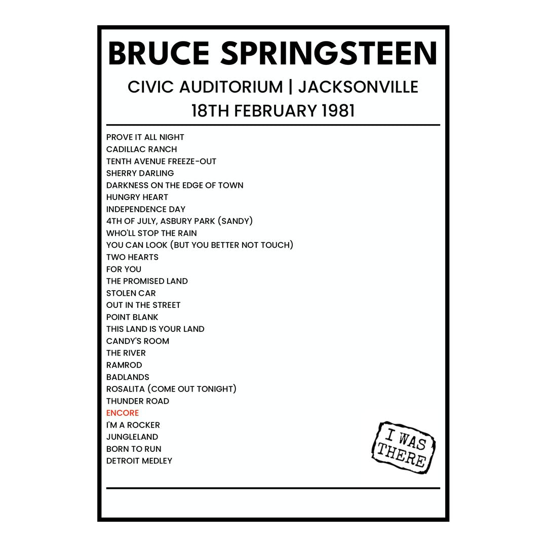 Bruce Springsteen Jacksonville 18th February 1981 Setlist poster