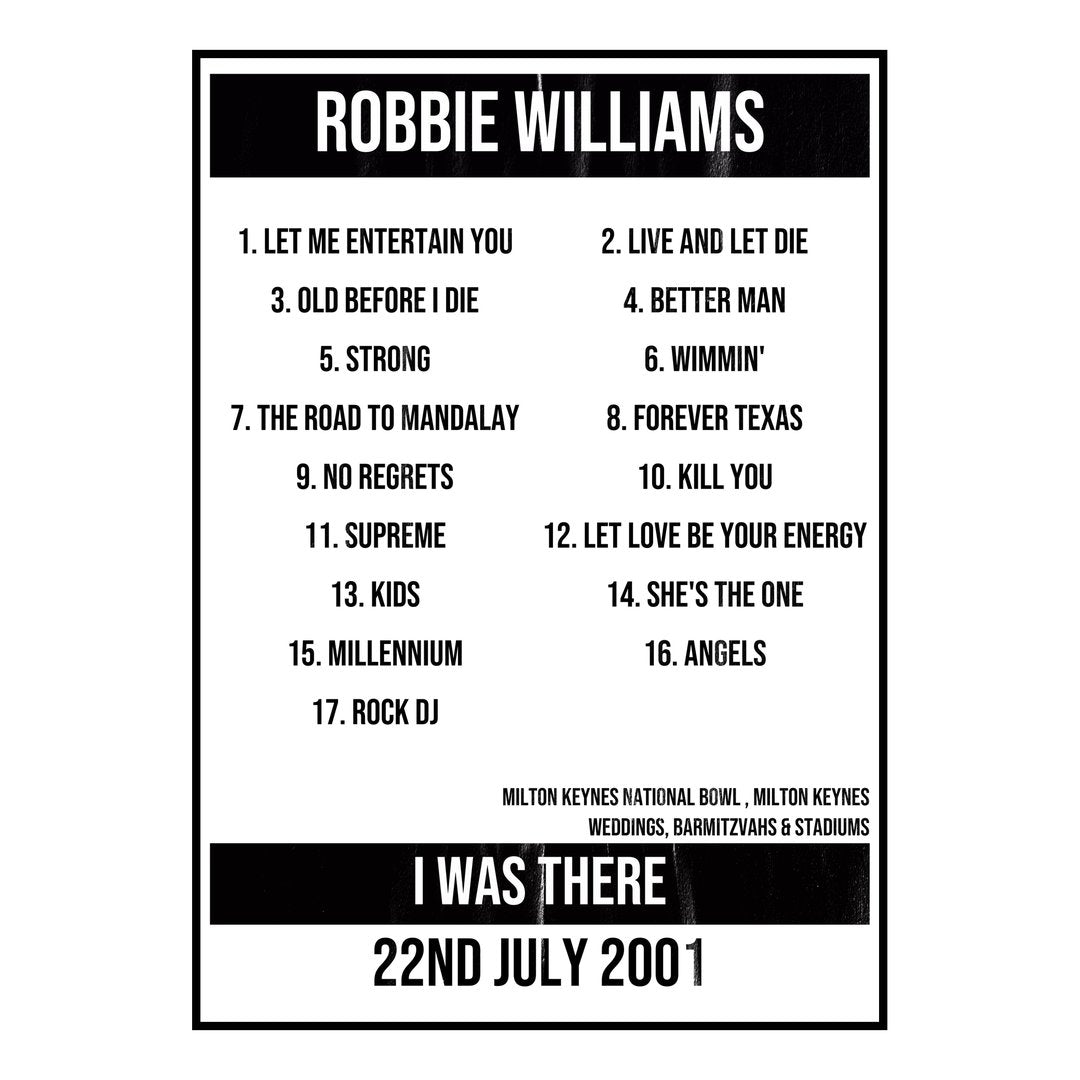 Robbie Williams Milton Keynes 22nd July 2001 Setlist poster