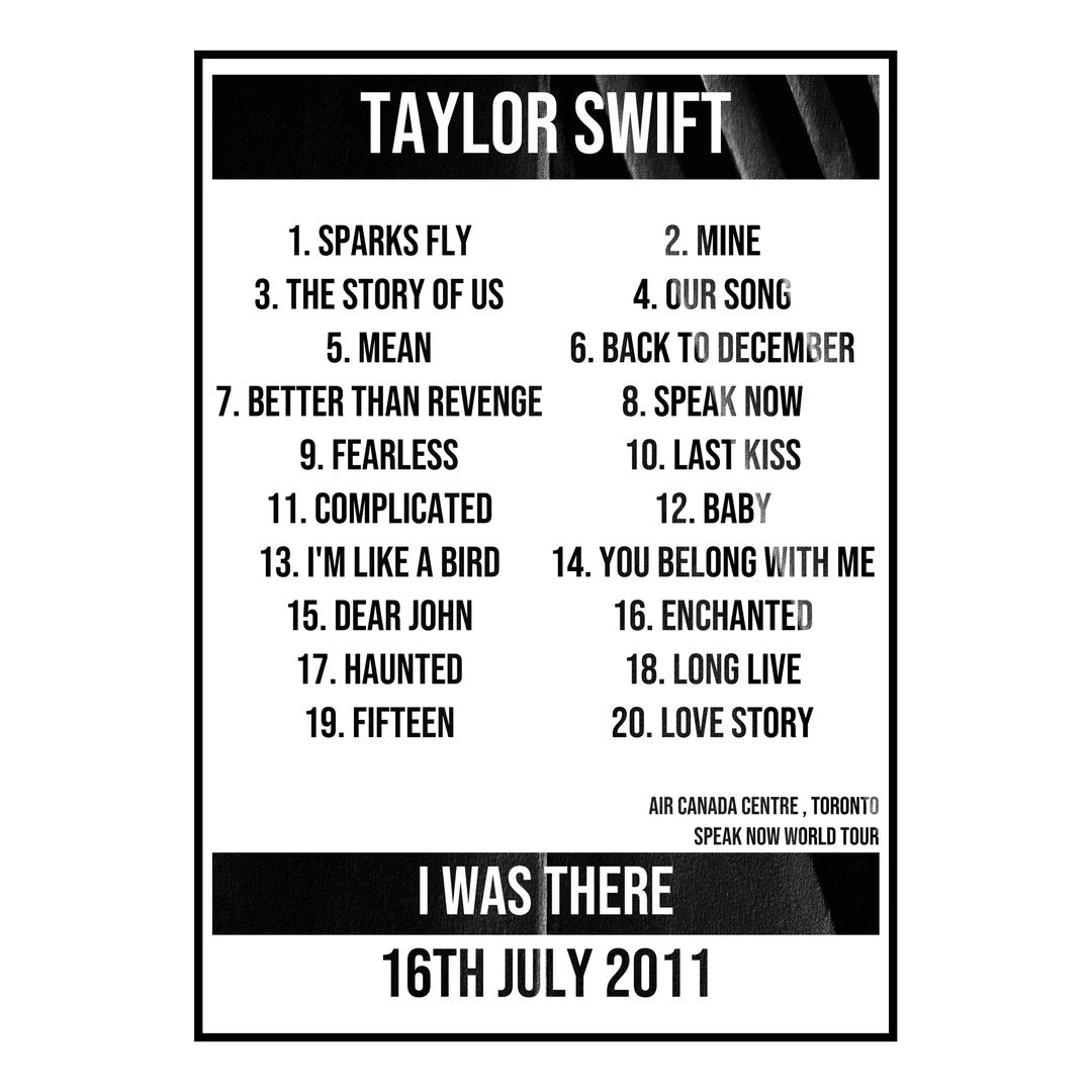 Taylor Swift Toronto 16th July 2011 Setlist poster
