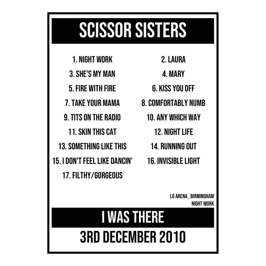 A Setlist Poster Featuring Scissor Sisters Gig from Birmingham in 2010