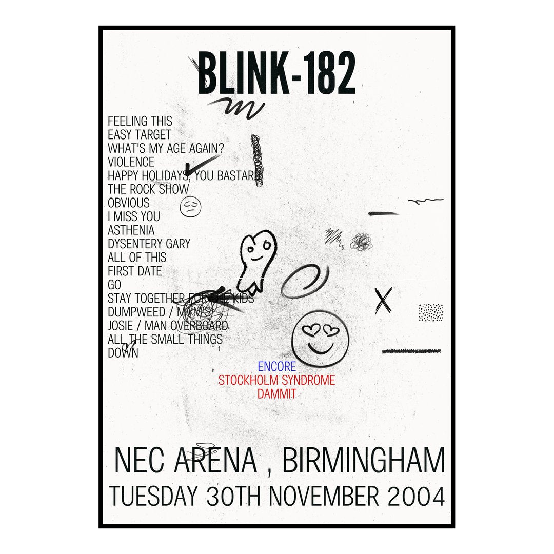blink‐182 Birmingham 30th November 2004 Setlist poster