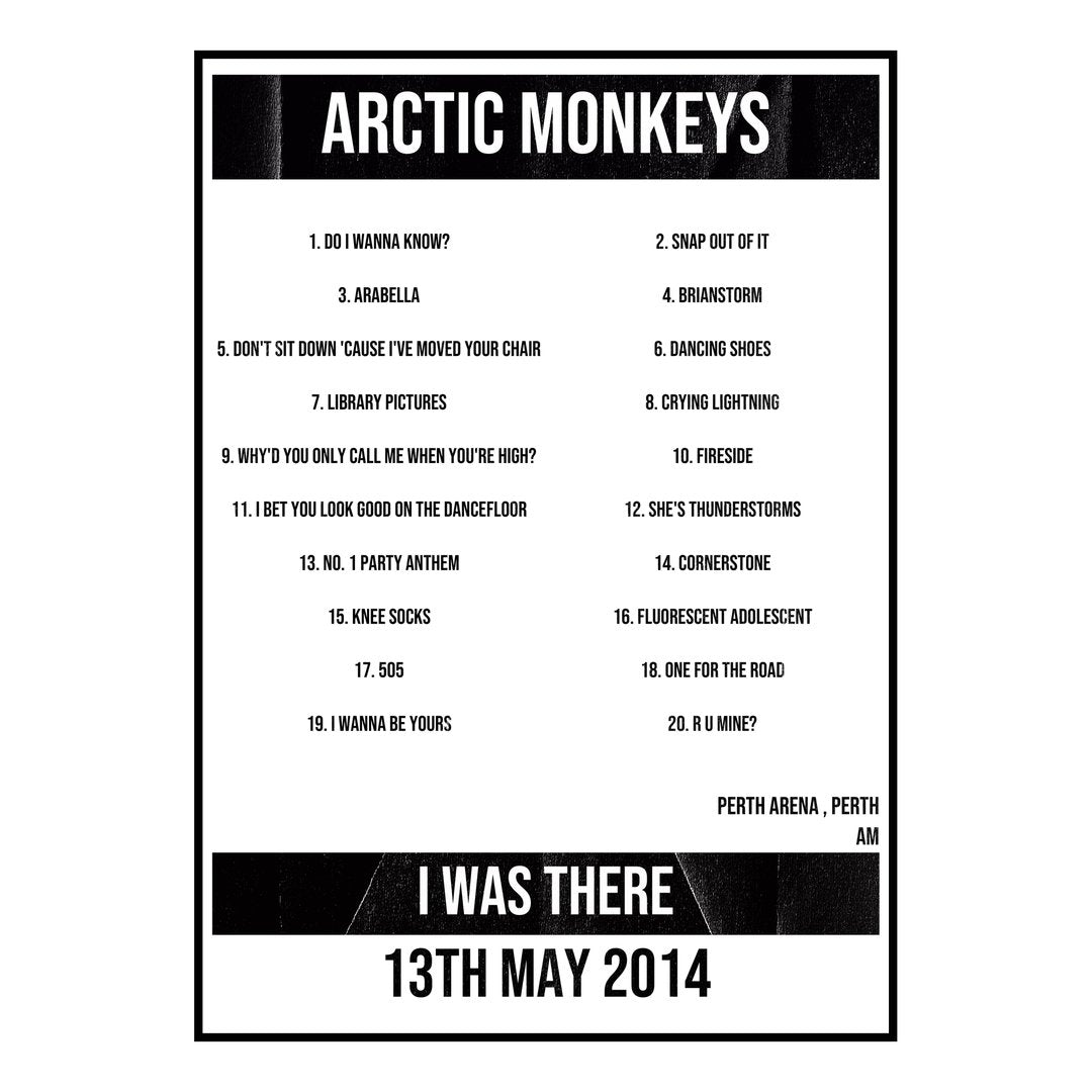 Arctic Monkeys Perth 13th May 2014 Setlist poster