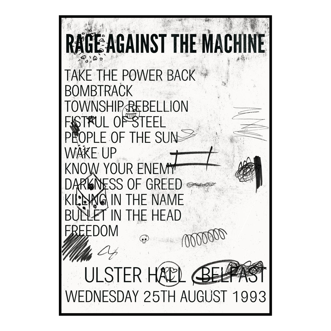 Rage Against the Machine Belfast 25th August 1993 Setlist poster