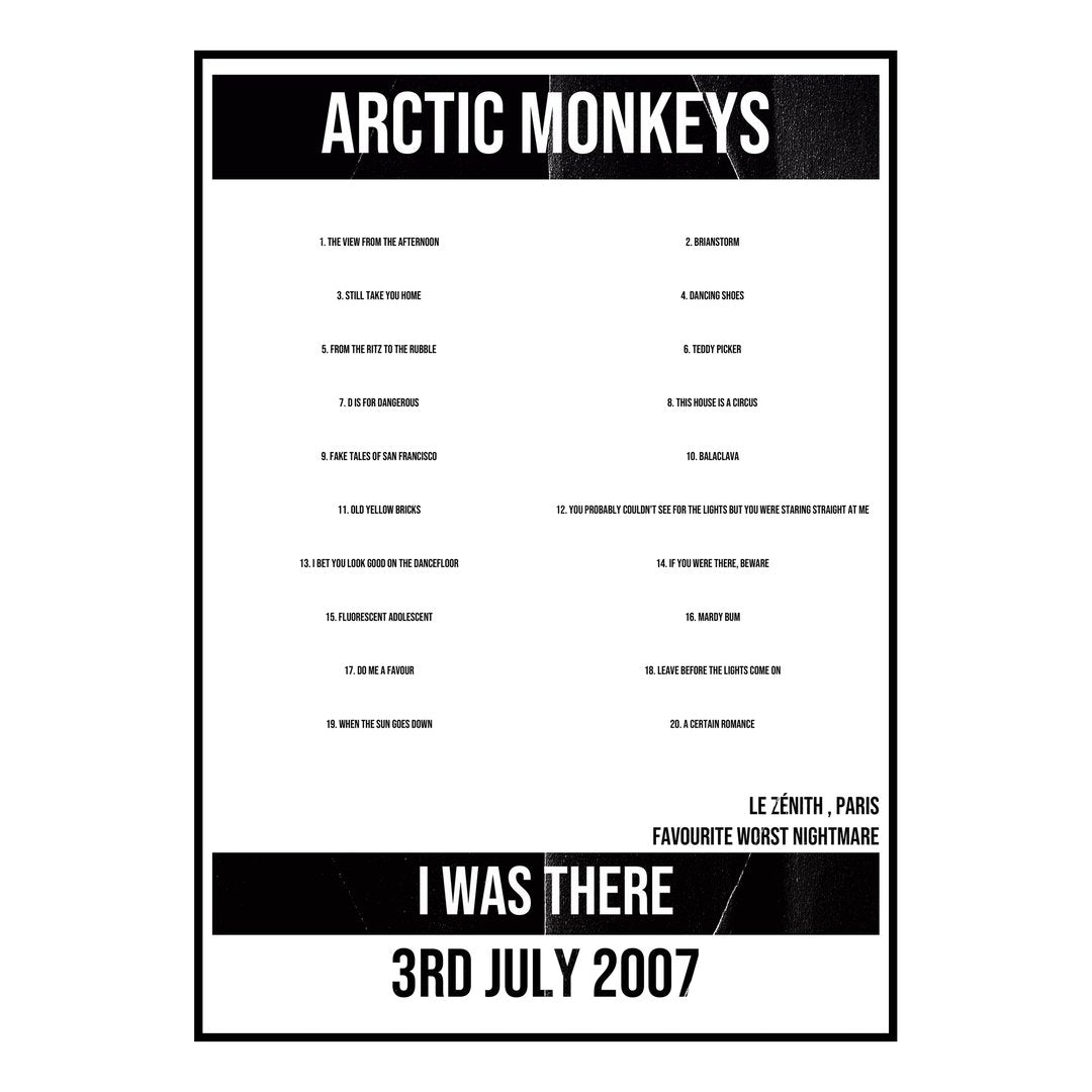 Arctic Monkeys Paris 3rd July 2007 Setlist poster