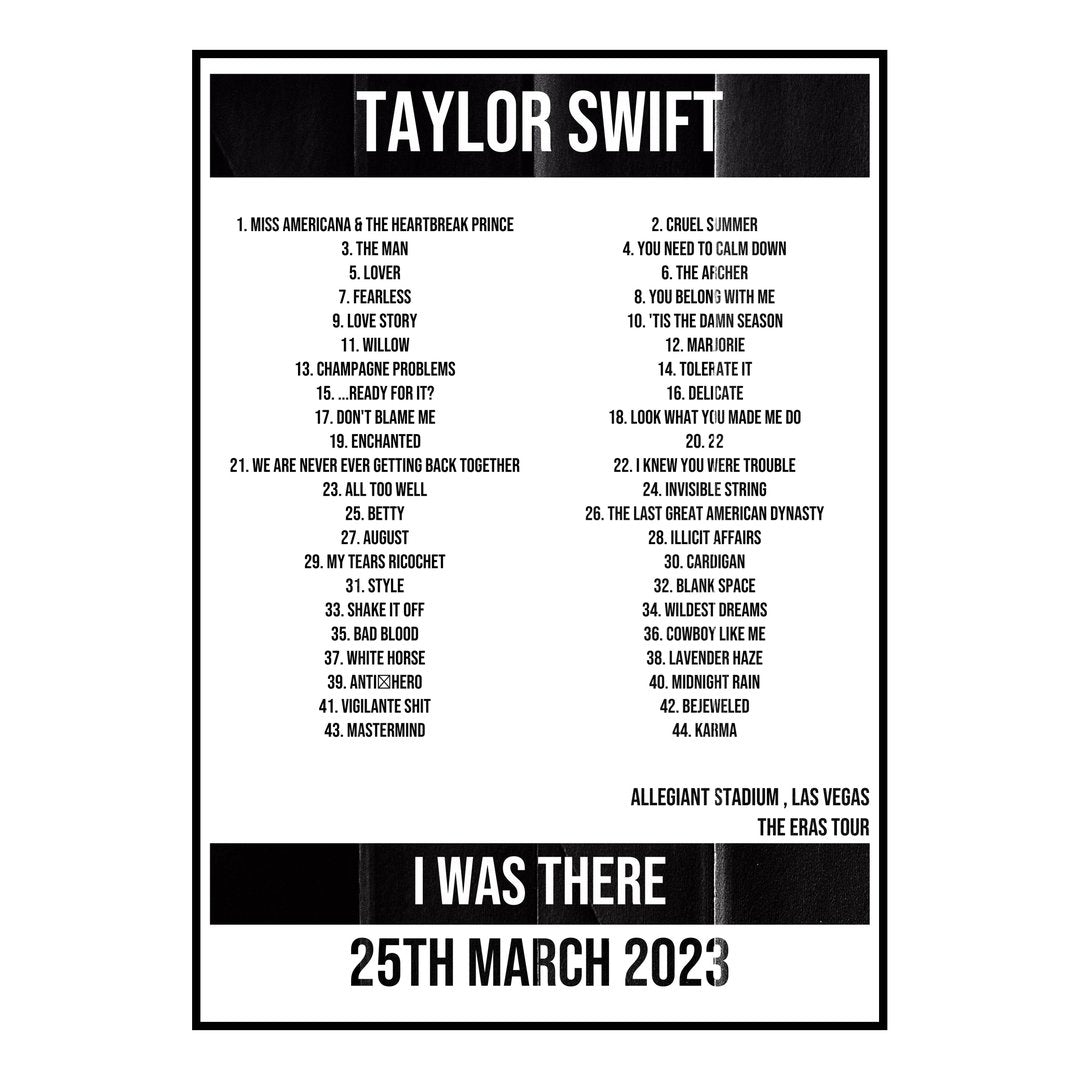 Taylor Swift Las Vegas 25th March 2023 Setlist poster