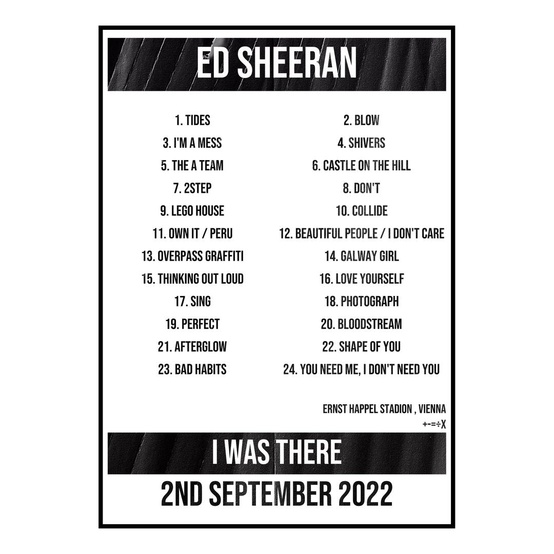 Ed Sheeran Vienna 2nd September 2022 Setlist poster