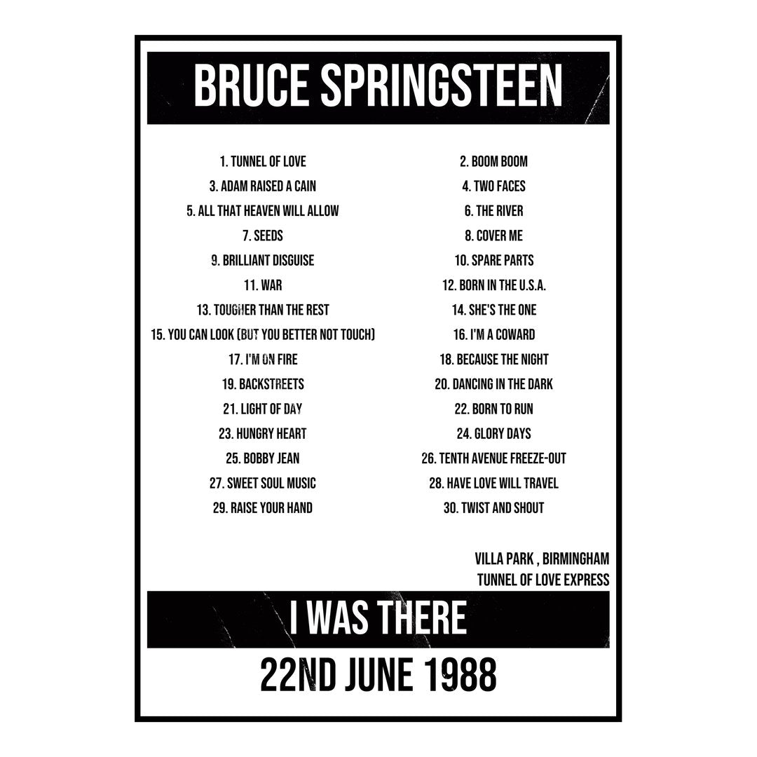 Bruce Springsteen Birmingham 22nd June 1988 Setlist poster