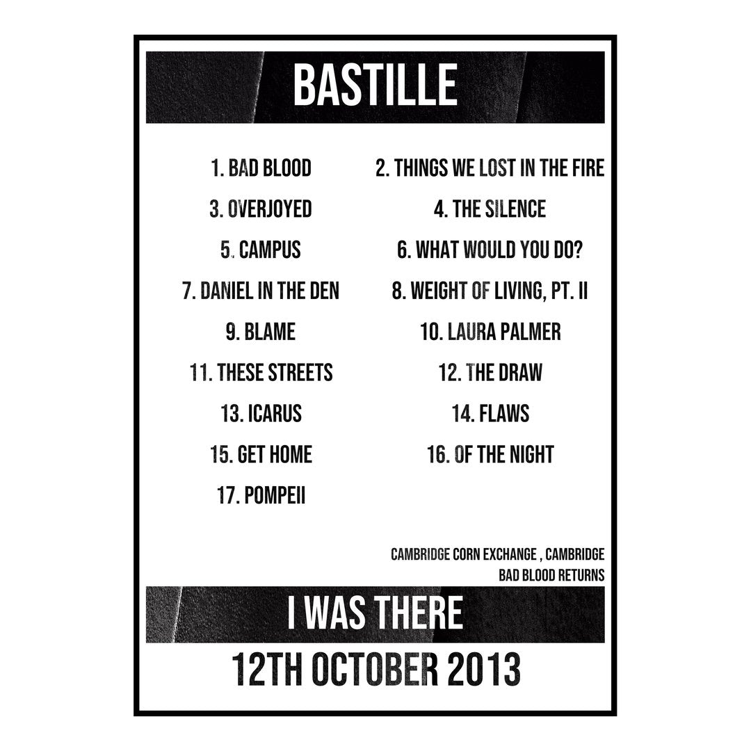 Bastille Cambridge 12th October 2013 Setlist poster