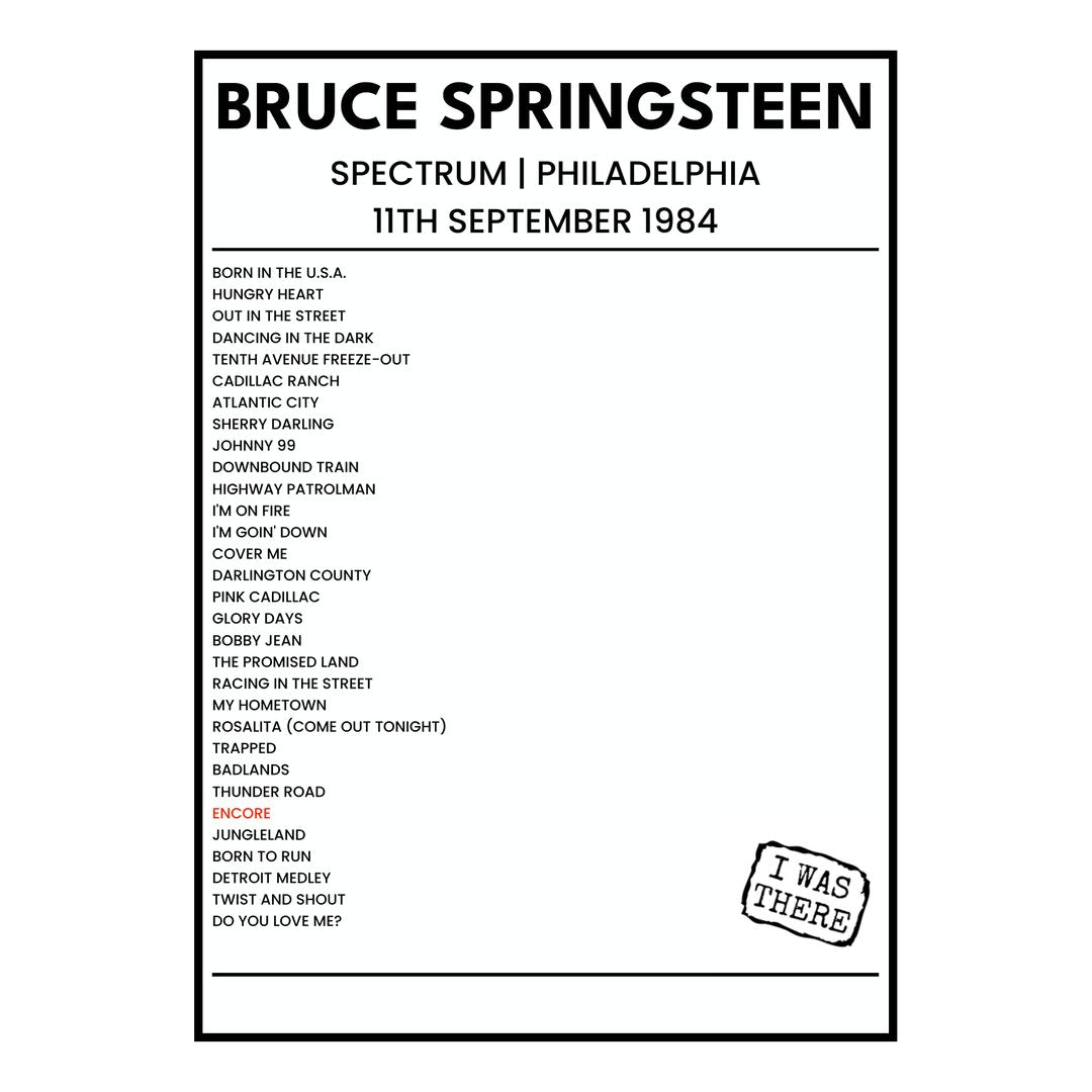 Bruce Springsteen Philadelphia 11th September 1984 Setlist poster