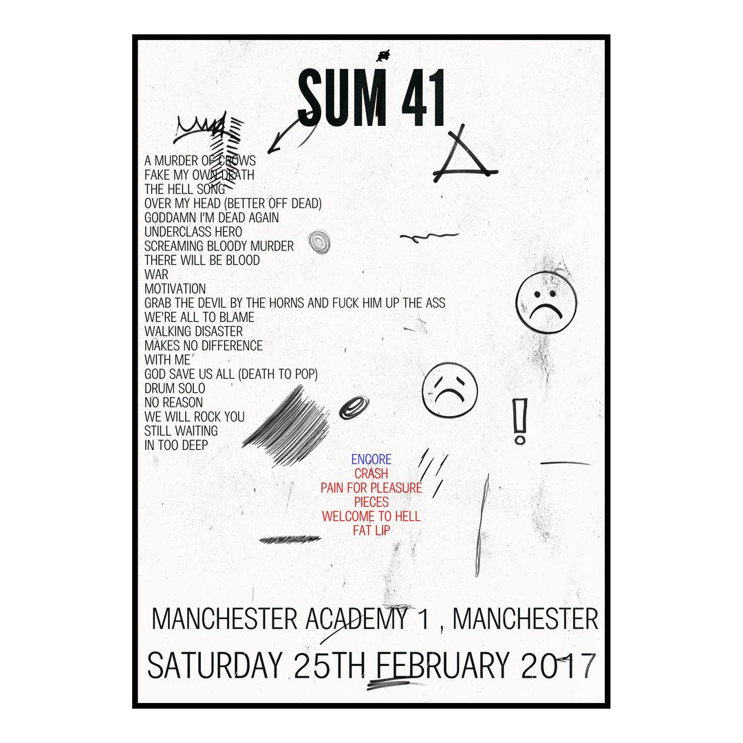 Sum 41 Manchester 25th February 2017 Setlist poster
