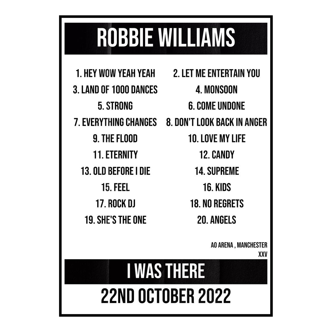 Robbie Williams Manchester 22nd October 2022 Setlist poster