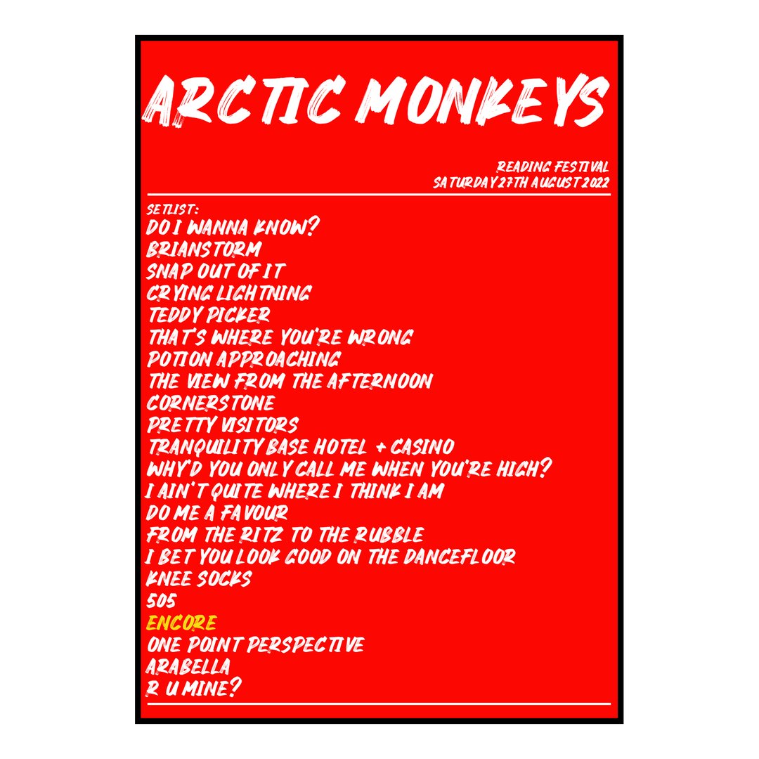 Arctic Monkeys Reading 27th August 2022 Setlist poster