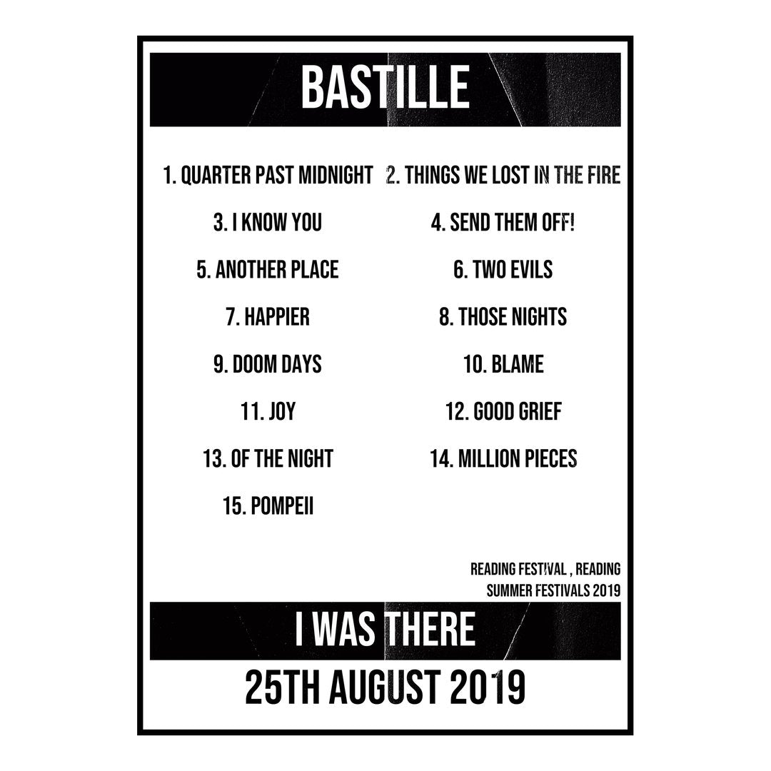Bastille Reading 25th August 2019 Setlist poster