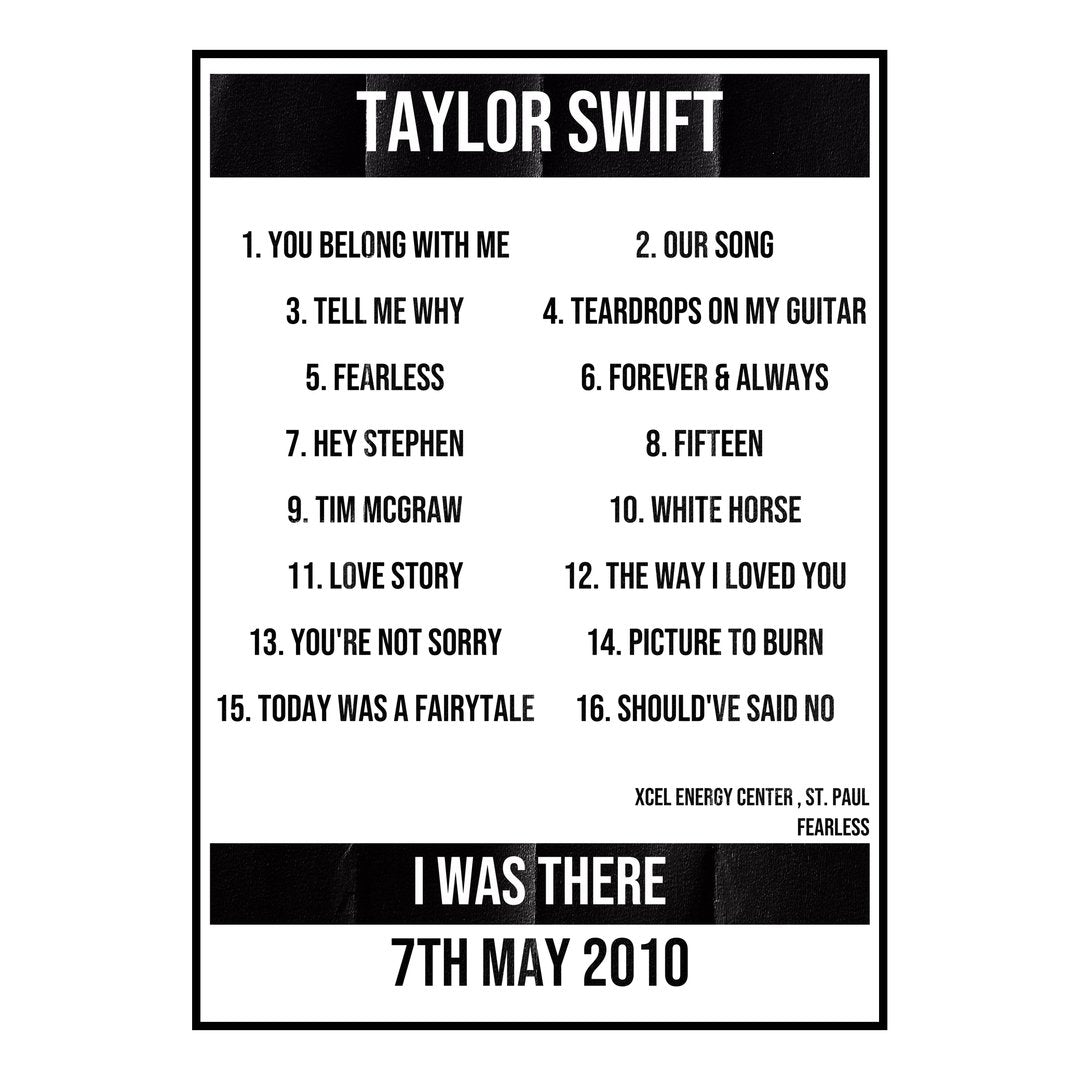 Taylor Swift St. Paul 7th May 2010 Setlist poster