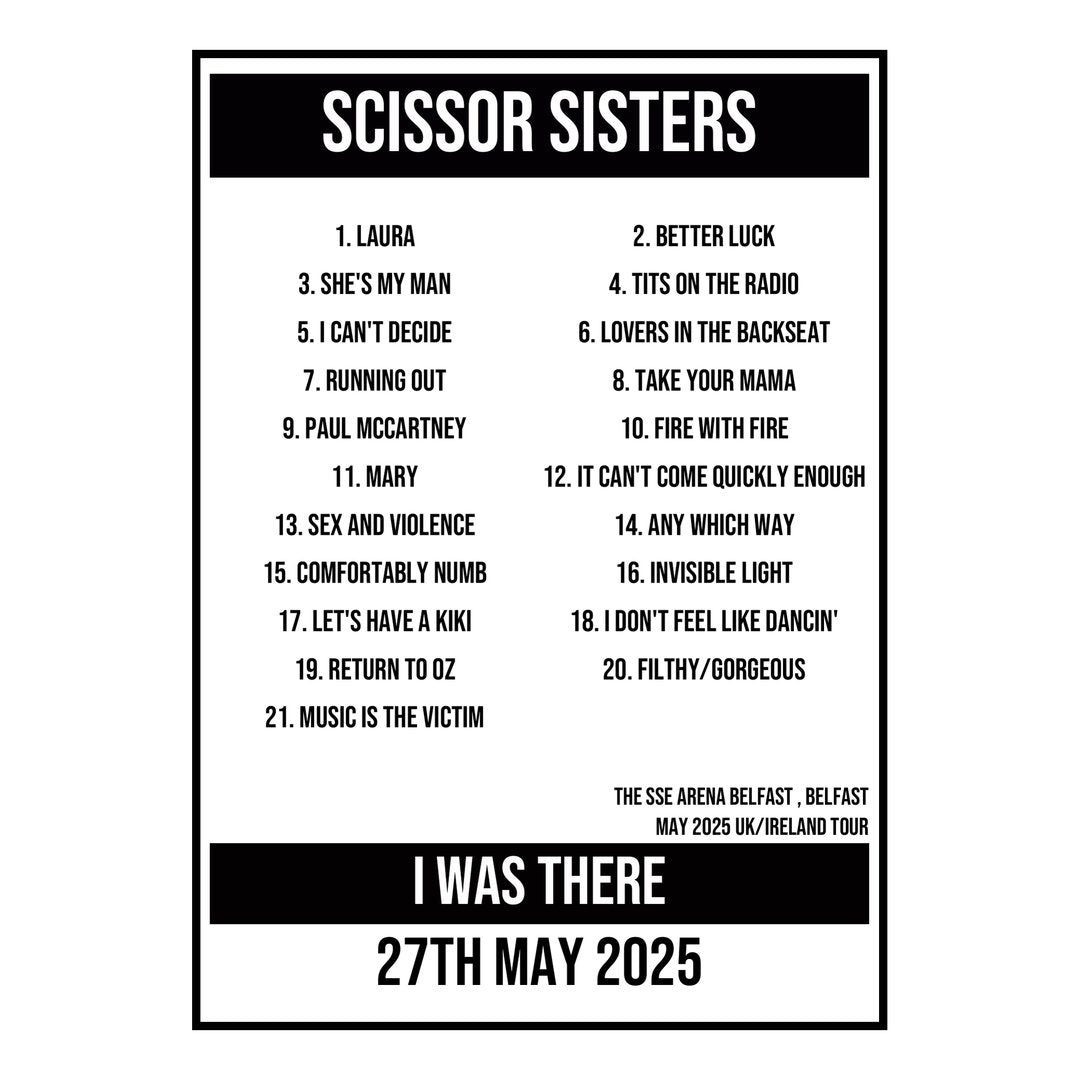 A Setlist Poster Featuring Scissor Sisters Gig from Belfast in 2025