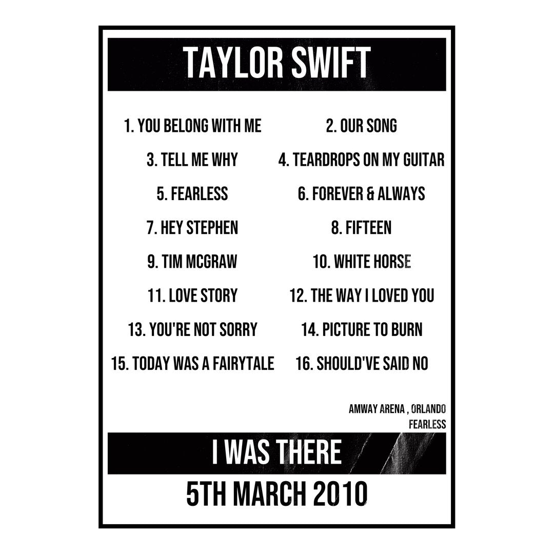 Taylor Swift Orlando 5th March 2010 Setlist poster